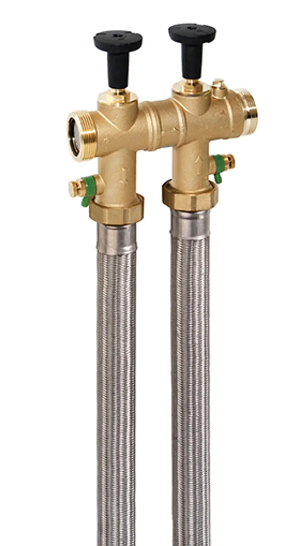 Anschluss-Set von Grünbeck mit zwei gleichmäßigen Ventilen und flexiblen Metall-Schläuchen, geeignet für Verbindung und Installation in Sanitärsystemen.